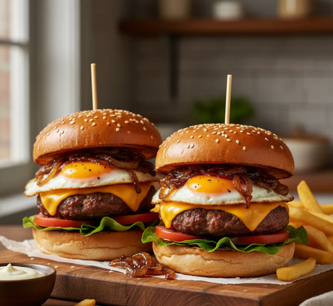 Lunch: Burgers with Fried Egg & Caramelised Onions