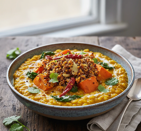 Dinner: Dahl with Pumpkin, Greens & Fried Spices