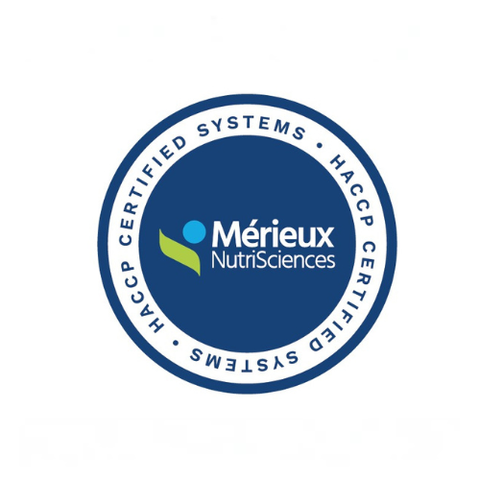 Mérieux Nutrisciences logo with certification text on a white background