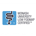 Monash University Low FODMAP Certified logo with blue square and white arrow on a white background