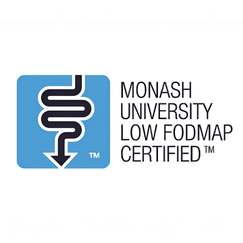 Monash University Low FODMAP Certified logo with blue square and white arrow on a white background